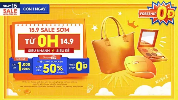 Shopee 15.9 - Sale GiữaTháng: ShopeeVIP 50% - Săn Deal 1K