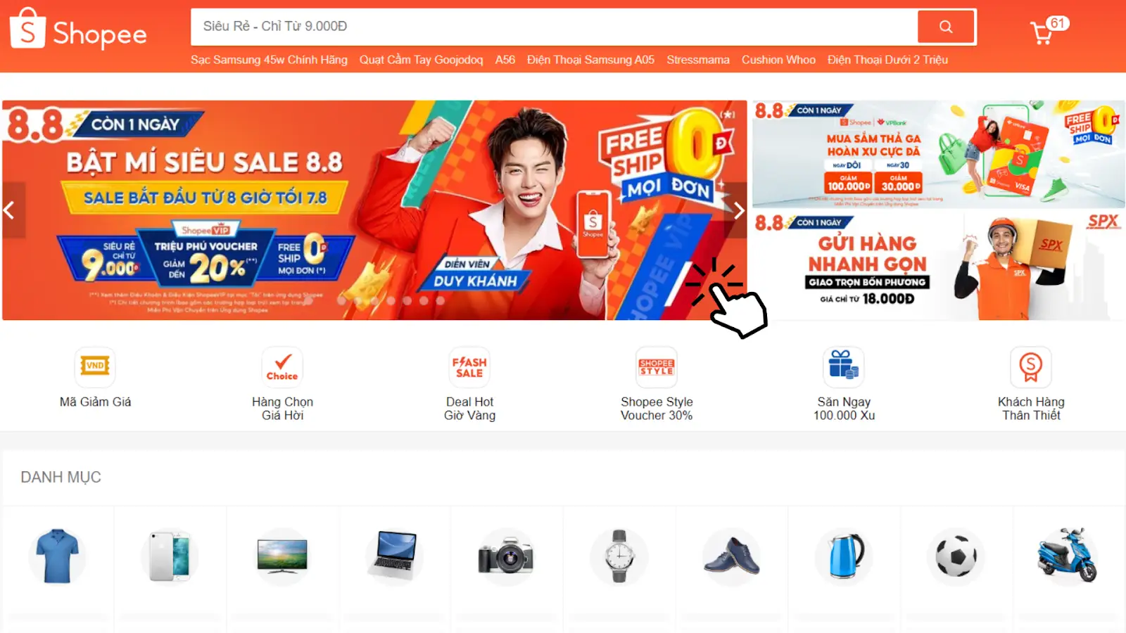 Bạn có thể lấy mã Voucher trên những banner quảng cáo xuất hiện ở giao diện chính (Nguồn: Shopee Blog)