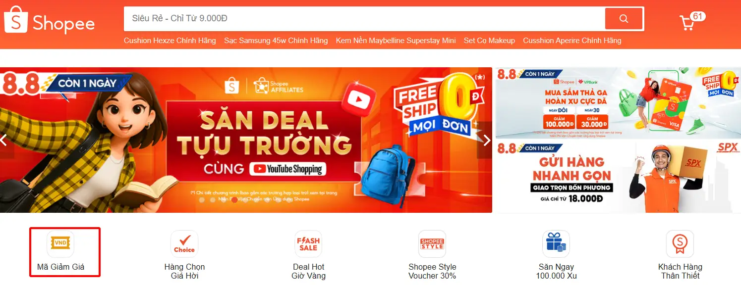Chọn mã giảm giá trên trang chủ Shopee.vn (Nguồn: Shopee Blog)