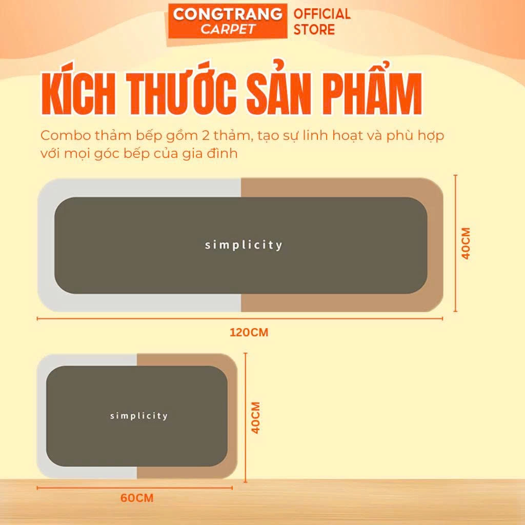 Thảm Lau Chân Nhà Bếp CongTrang Bedding - Bộ 2 thảm Chùi Chân Mặt Nỉ Bali Thấm Hút, Chống Trơn Trượt