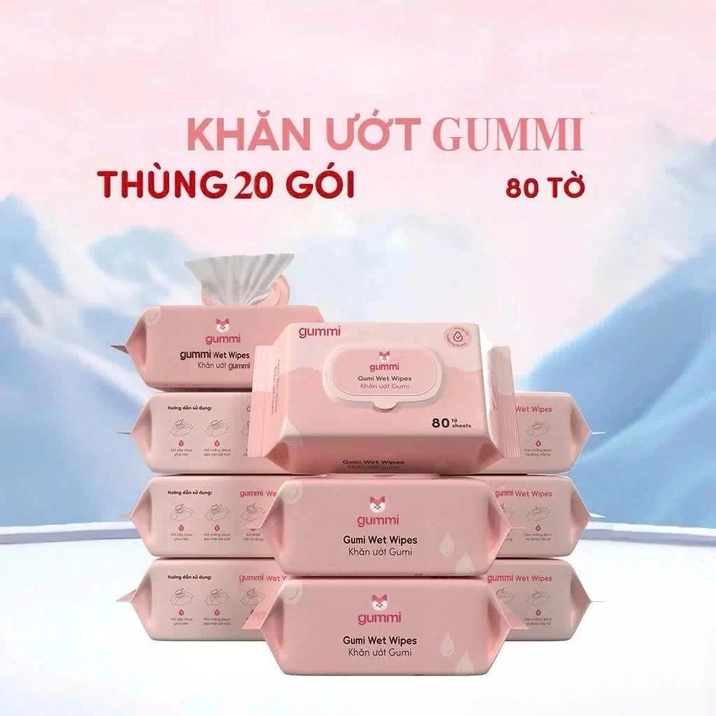 Thùng 10- 20 gói khăn ướt Gummi không cồn không Parabens dành cho em bé