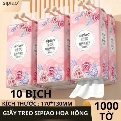 Thùng 10 Bịch Giấy Treo Đa Năng SIPIAO Hoa Hồng, Khăn Rút Treo Trường 4 Lớp mỗi bịch 1100 Tờ